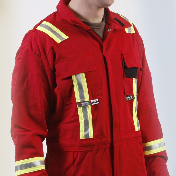 male wearing red flame resistant (fr) clothing